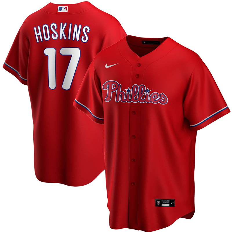 2020 MLB Men Philadelphia Phillies #17 Rhys Hoskins Nike Red Alternate 2020 Replica Player Jersey 1